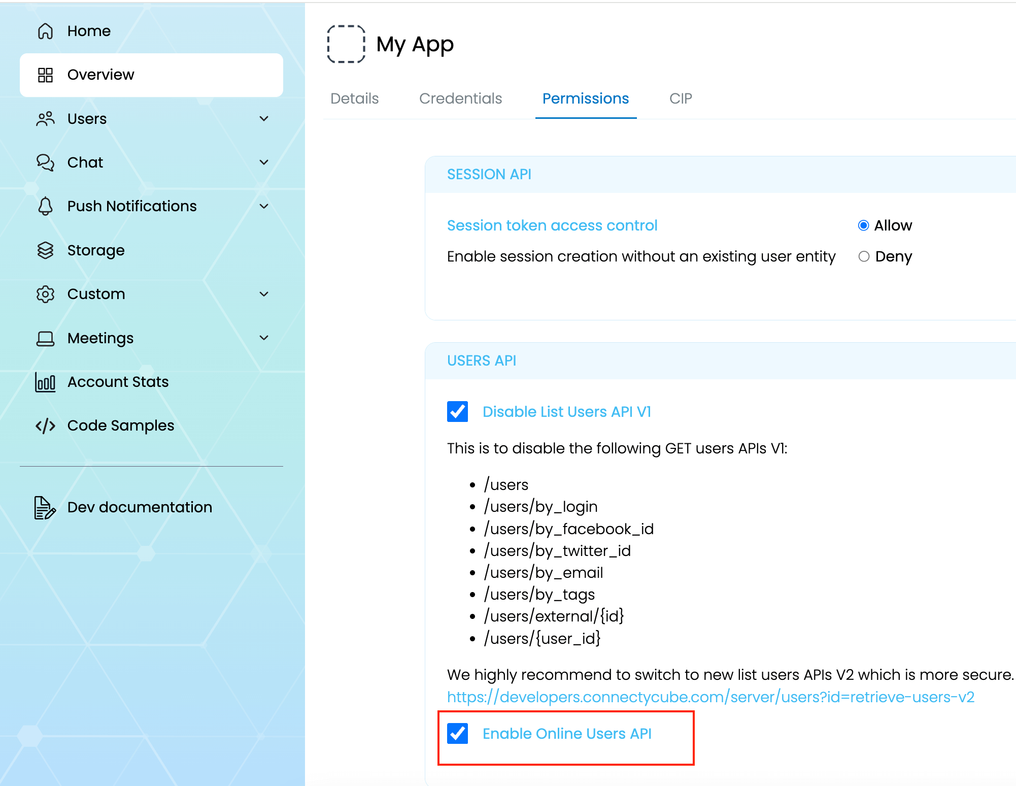 ConnectyCube dashboard: apps permissions page
