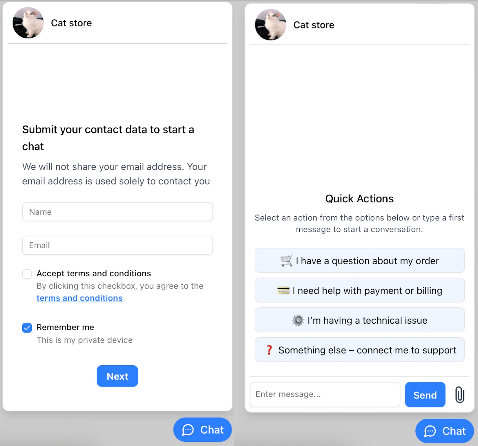 ConnectyCube chat widget, single view demo