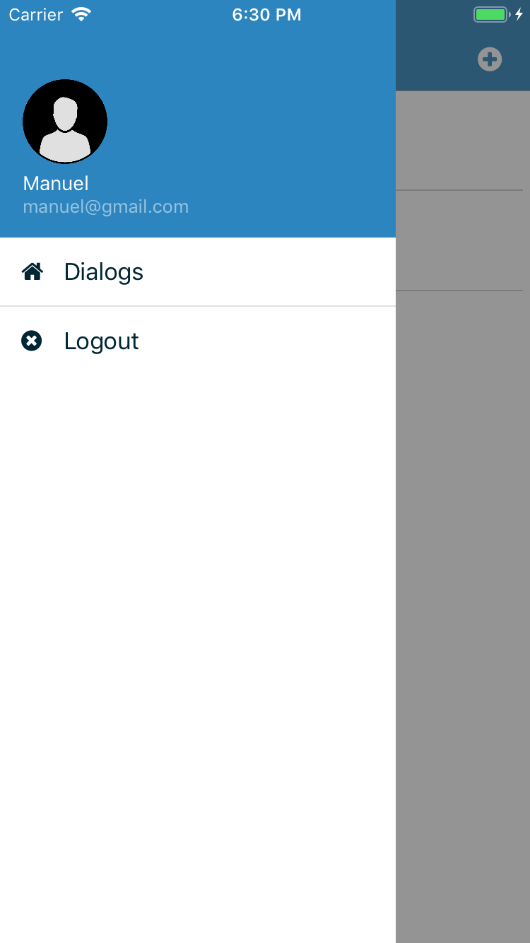Chat code sample for NativeScript - menu